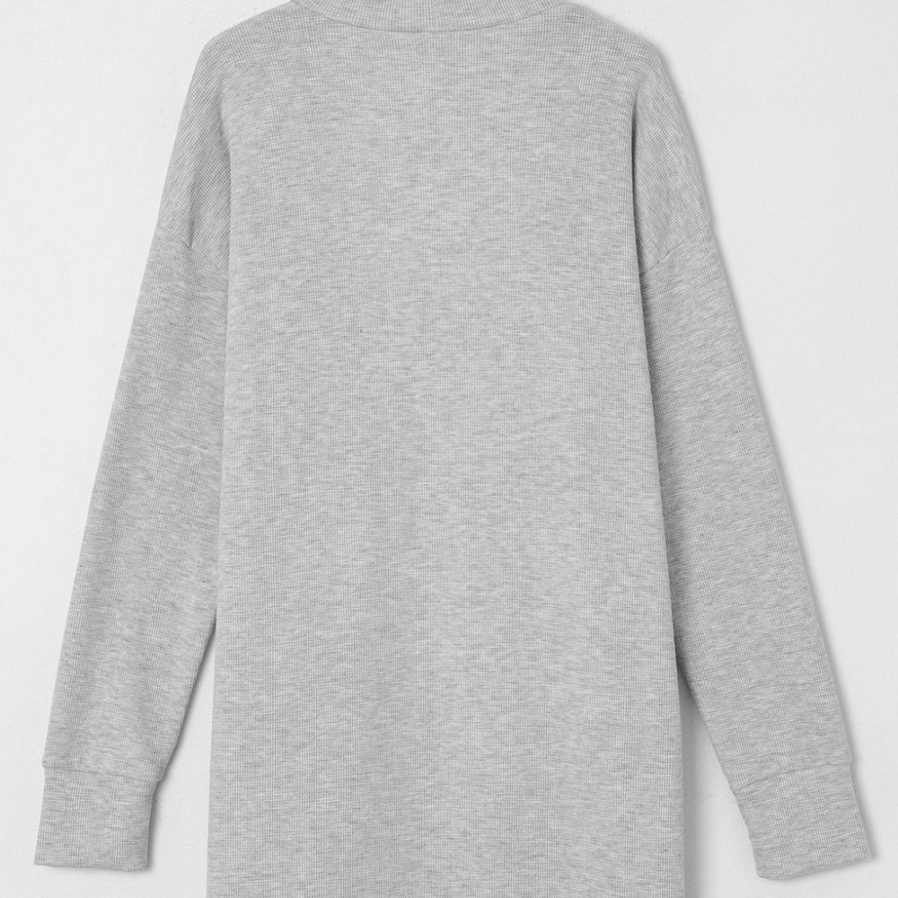 Light Gray Thermal Waffle Knit Open Front Pocketed Long Cardigan Fall Winter - Picture 5 of 10
